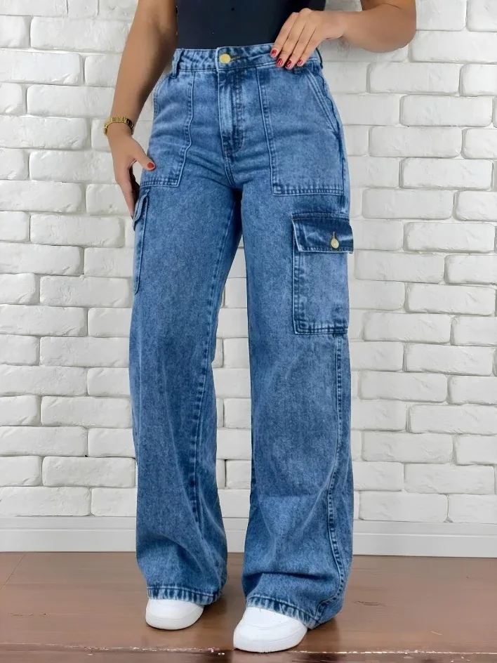 Calça Cargo Jeans Feminina Bolso Lateral (Cintura Alta Wide Leg)