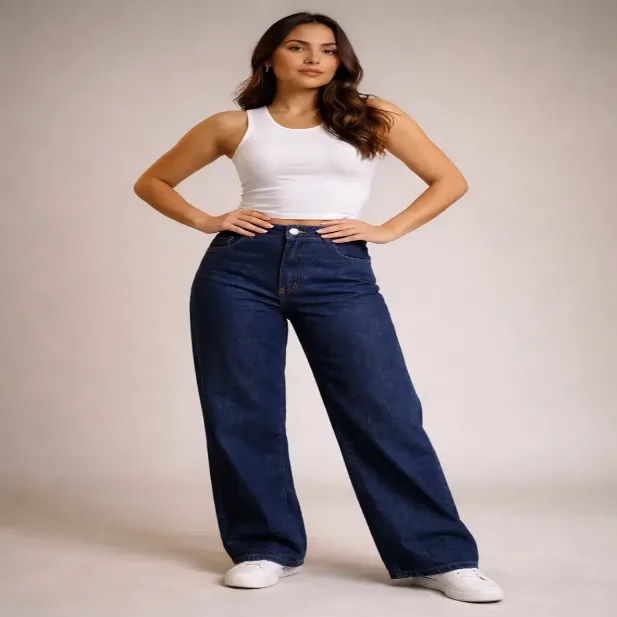 Calça Jeans Wide Leg Feminina Cintura Alta Sem Lycra Stillge