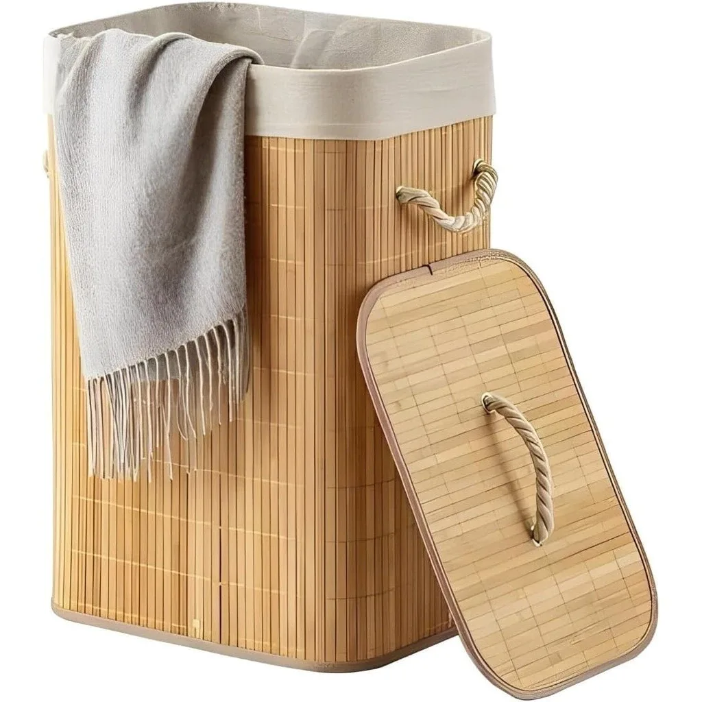 Cesto de Roupa Retangular/Redondo em Bambu (Com Tampa e Alça)