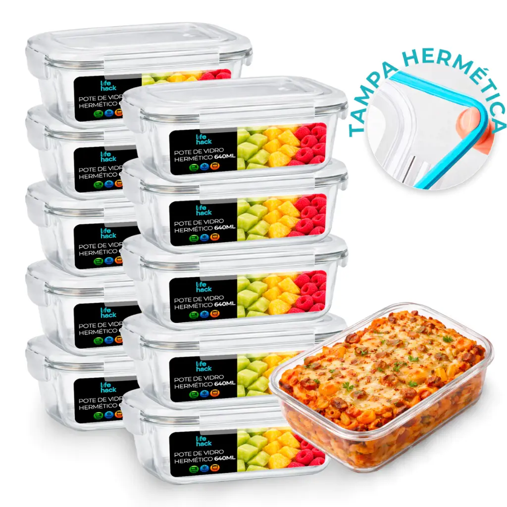 Conjunto 5/10 Potes Vidro Hermético Mantimentos Marmita 640ml