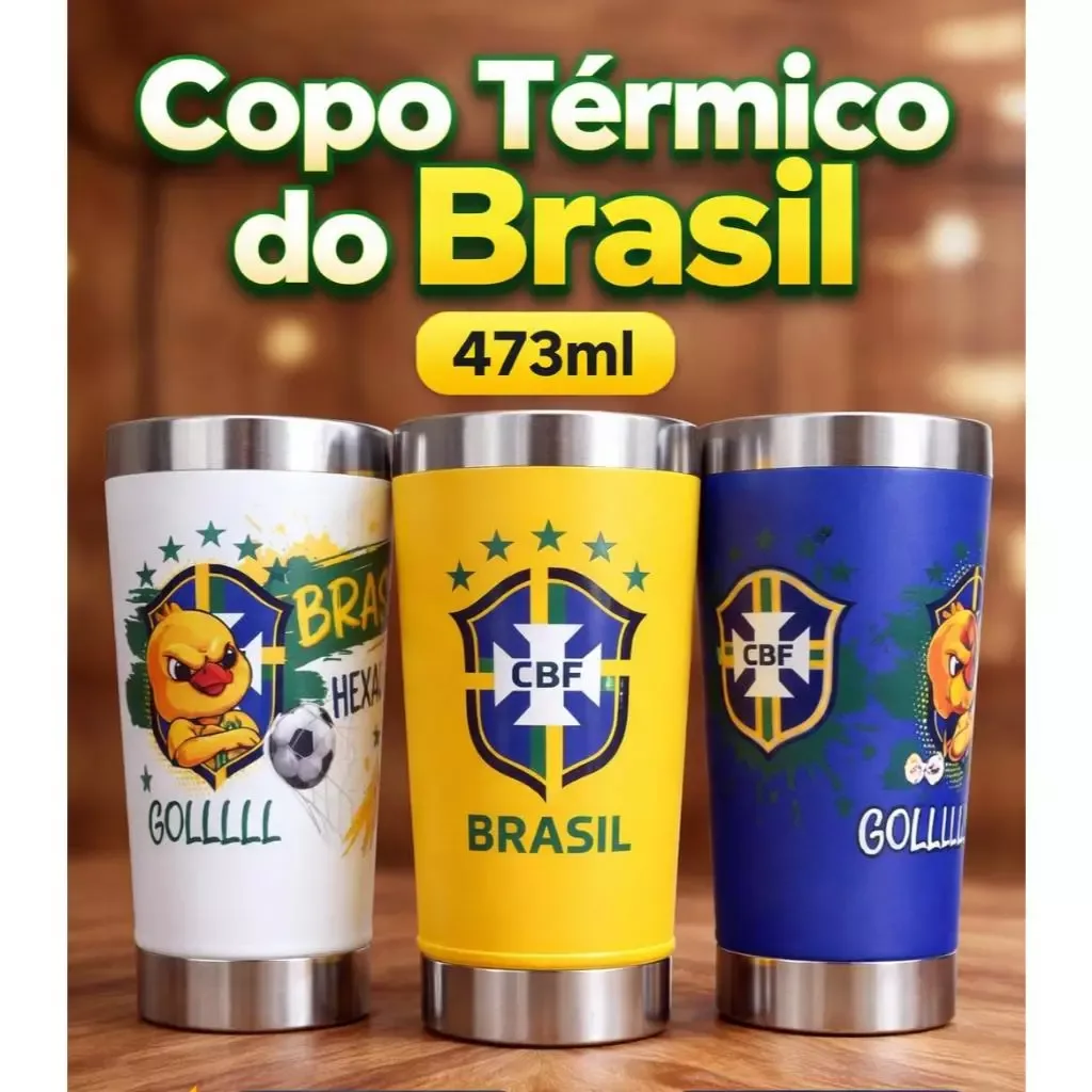 Copo Termico 473ml Personalizado Brasil Com Abridor integrado e Tampa - Tema Copa do Mundo