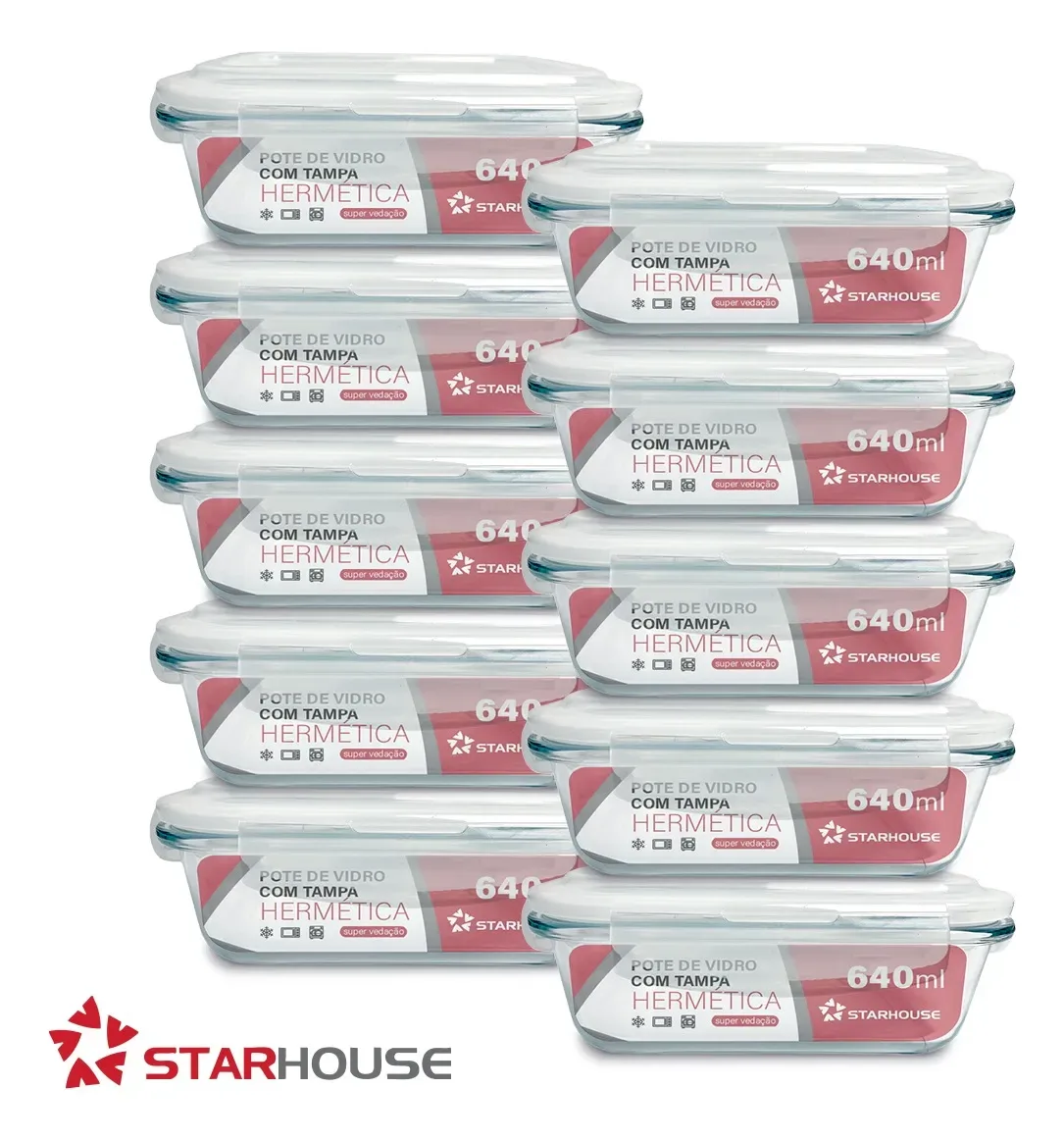 Kit 10 Potes Herméticos Vidro 640ml Starhouse Marmita Forno Micro-ondas