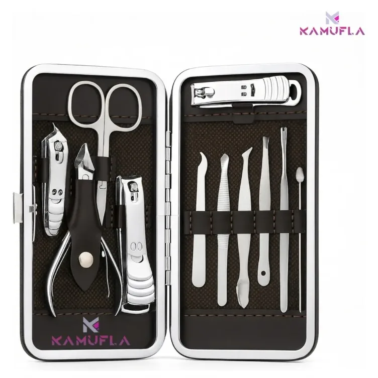Kit Manicure Portátil Estojo Alicate Cortador De Unha 12 Pç - Desencravador De Unha Alicate Lixa Profissional Premium Tesoura Empurrador De Cutículas Marca Kamufla
