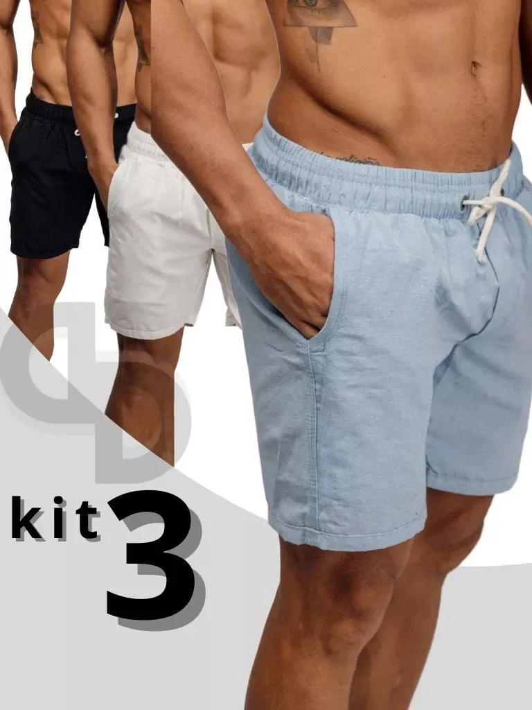 Short Linho Kit 3 Bermudas Mauricinho Premium Basico Casual Masculino