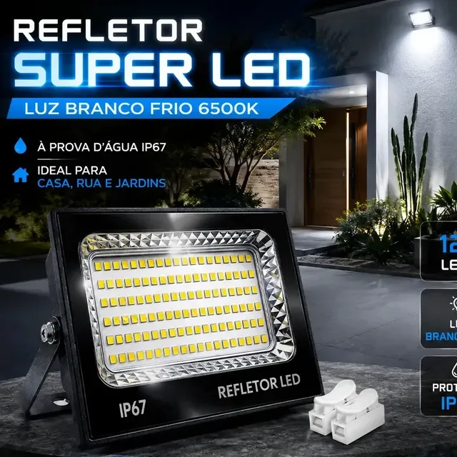 Kit 2 Refletor Super Led 400w Ip67 Holofote Bivolt Prova D'água Branco Frio 6500k Preto - R$ 40,20