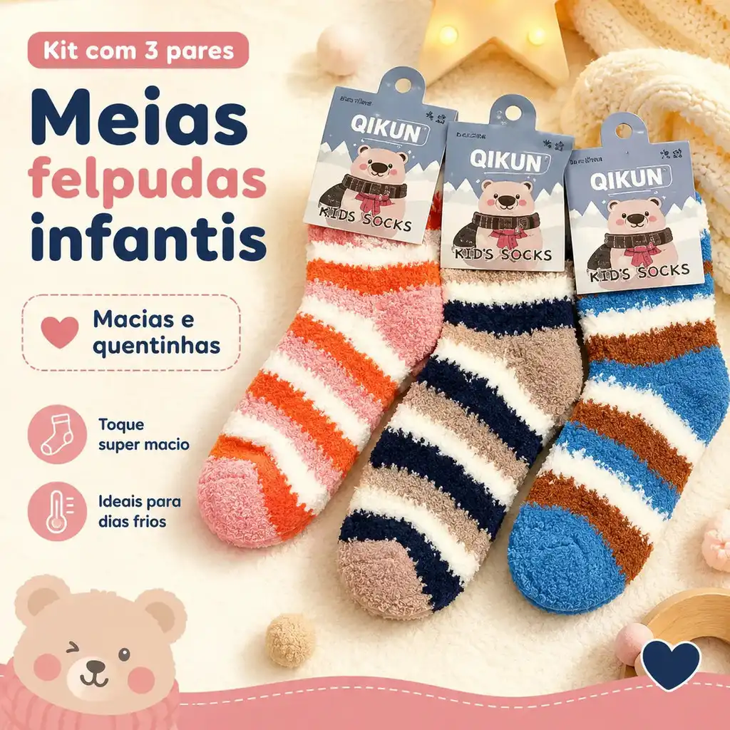 Kit 3 Pares Meias Infantil Felpuda Quentinha Inverno Termica | Shopee Brasil