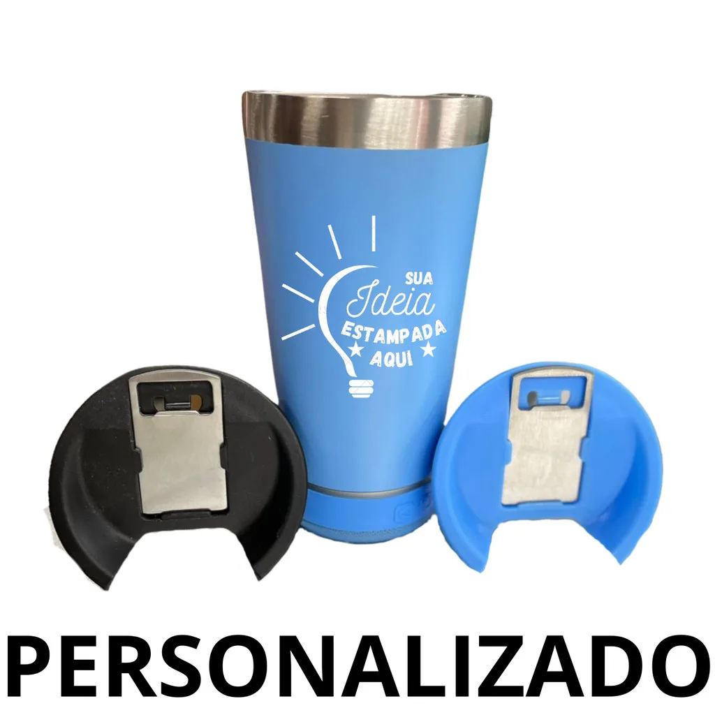 Personalizado - Bluetooth - Copo Térmico Som Led e TAMPA com ABRIDOR (420 ml) - Azul Claro | Shopee Brasil